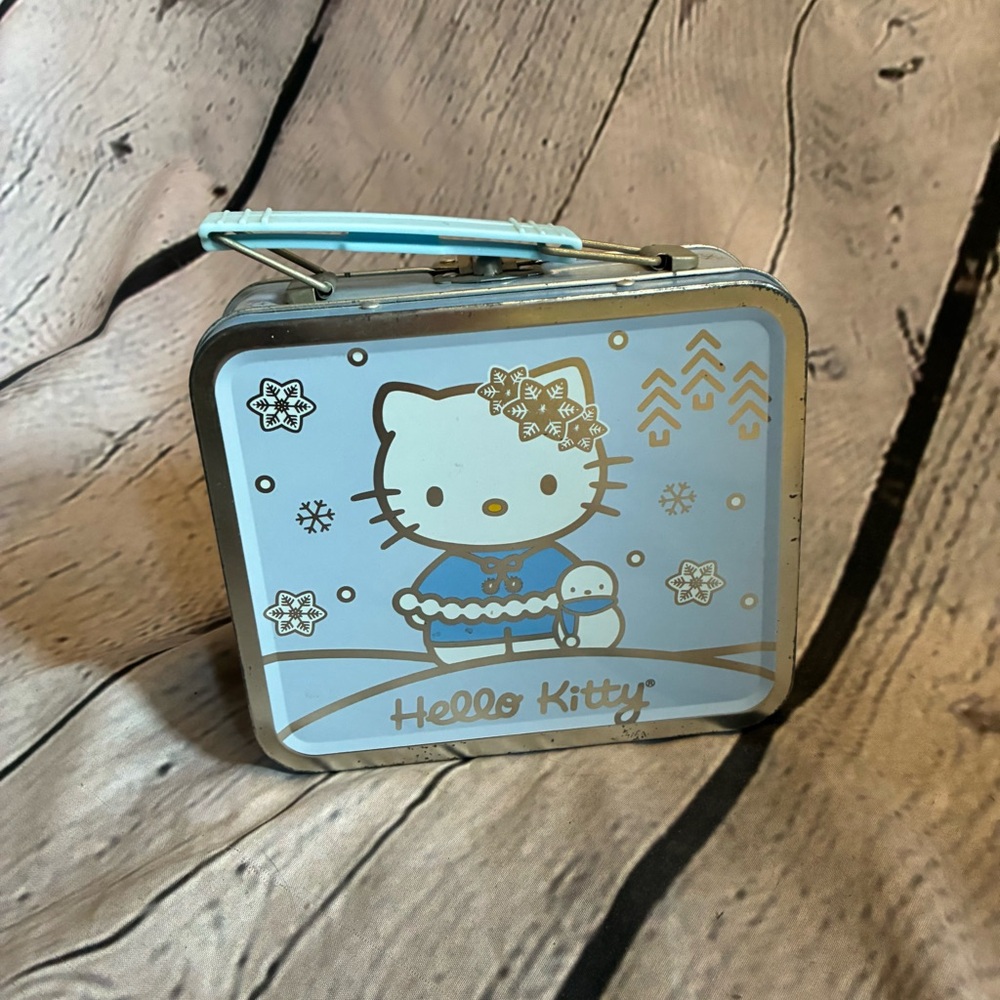 Sanrio Hello Kitty Vintage Winter Theme Metal Tin Lunch Snack Storage Box Blue